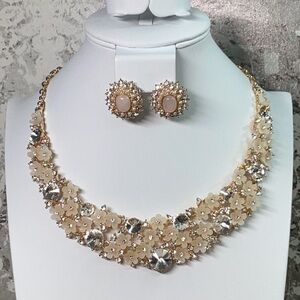 Bling Necklace and Earrings Set Bundle with Tiny Cream Colored Flowers